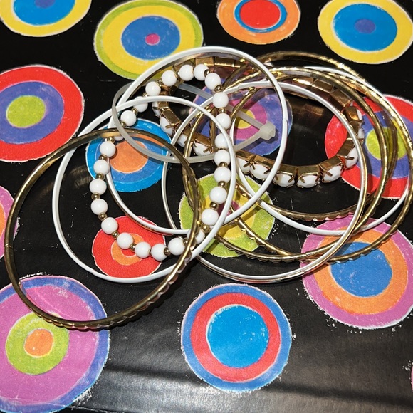 New Fashion Gold-Tone Textured White Enamel & Beaded Bangle Set 12Pcs - Picture 5 of 7